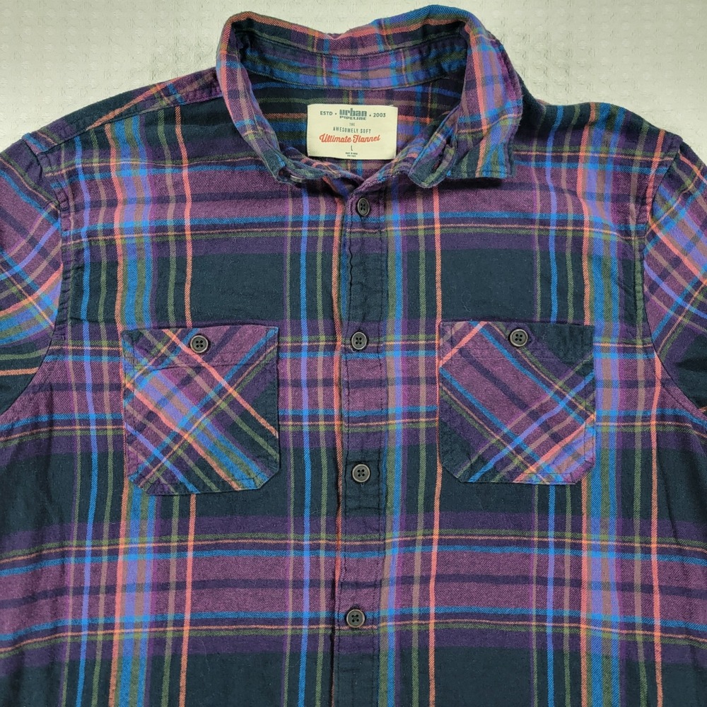 Urban Pipeline Ultimate Flannel Shirt Mens Large Purple Navy Pink Plaid Cotton - Picture 2 of 8
